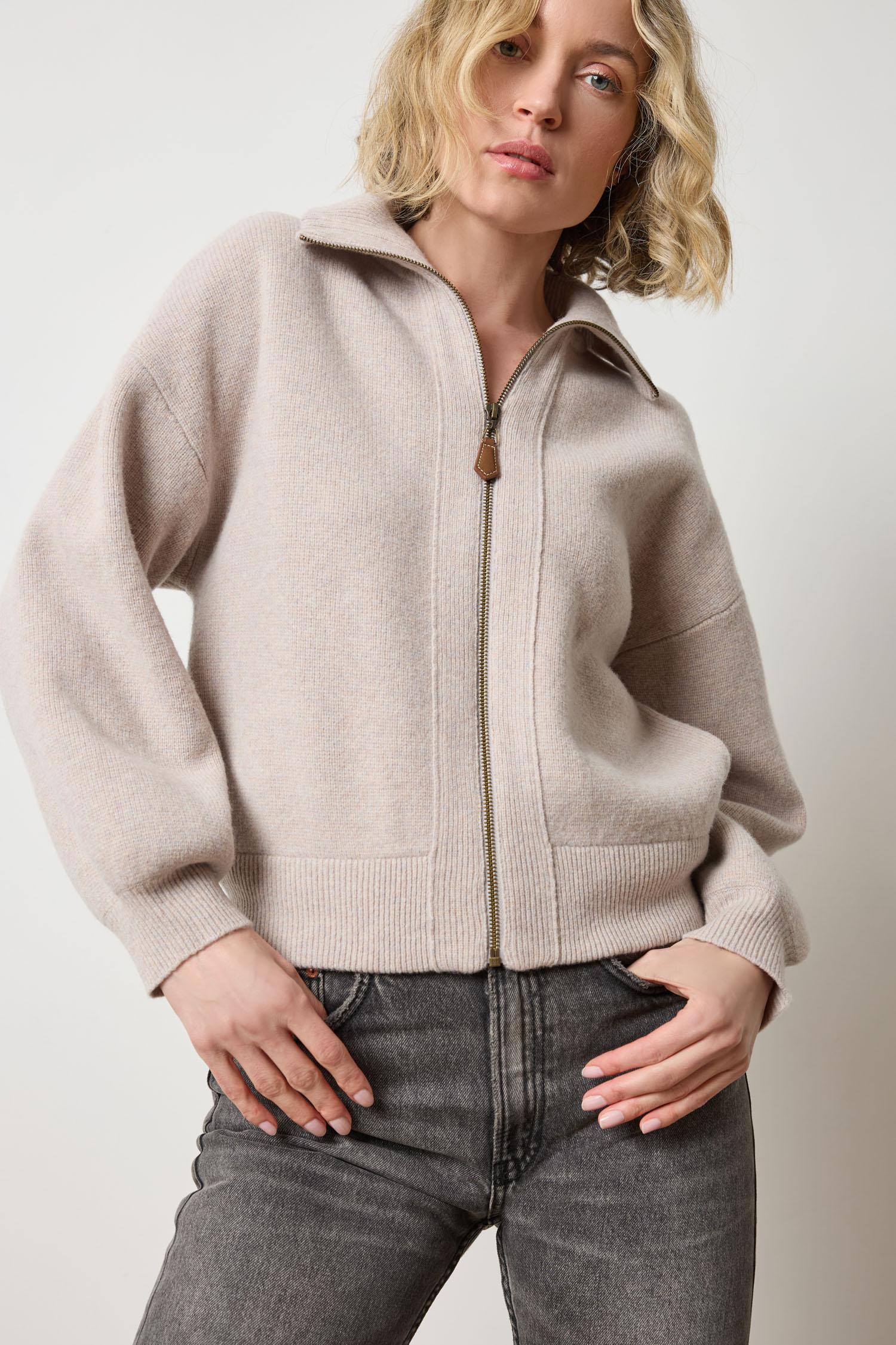 Lilla P Zip-Front Bomber Sweater in soft knit fabric, neutral colorway, relaxed bomber silhouette with zip closure, front view