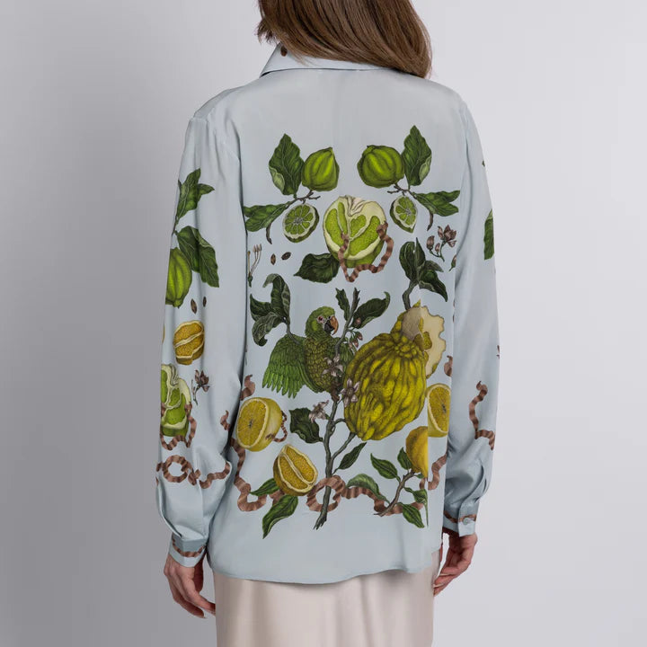 Back view of sand-washed silk oxford shirt in grey-blue with botanical and ribbon illustration

