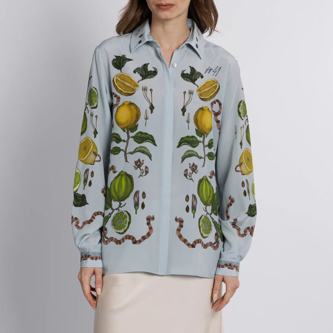Front view of classic silk Oxford shirt with citrus and parrot print by Sabina Savage
