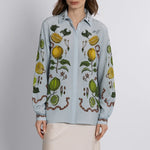 Front view of classic silk Oxford shirt with citrus and parrot print by Sabina Savage
