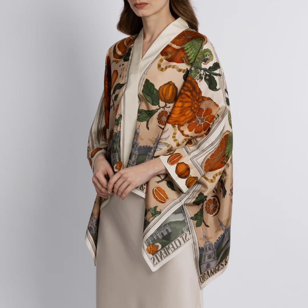 Front view of silk scarf blouse with citrus and parrot print by Sabina Savage

