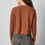 Back view of praline cotton waffle knit long sleeve cropped cardigan by Lilla P.