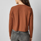 Back view of praline cotton waffle knit long sleeve cropped cardigan by Lilla P.