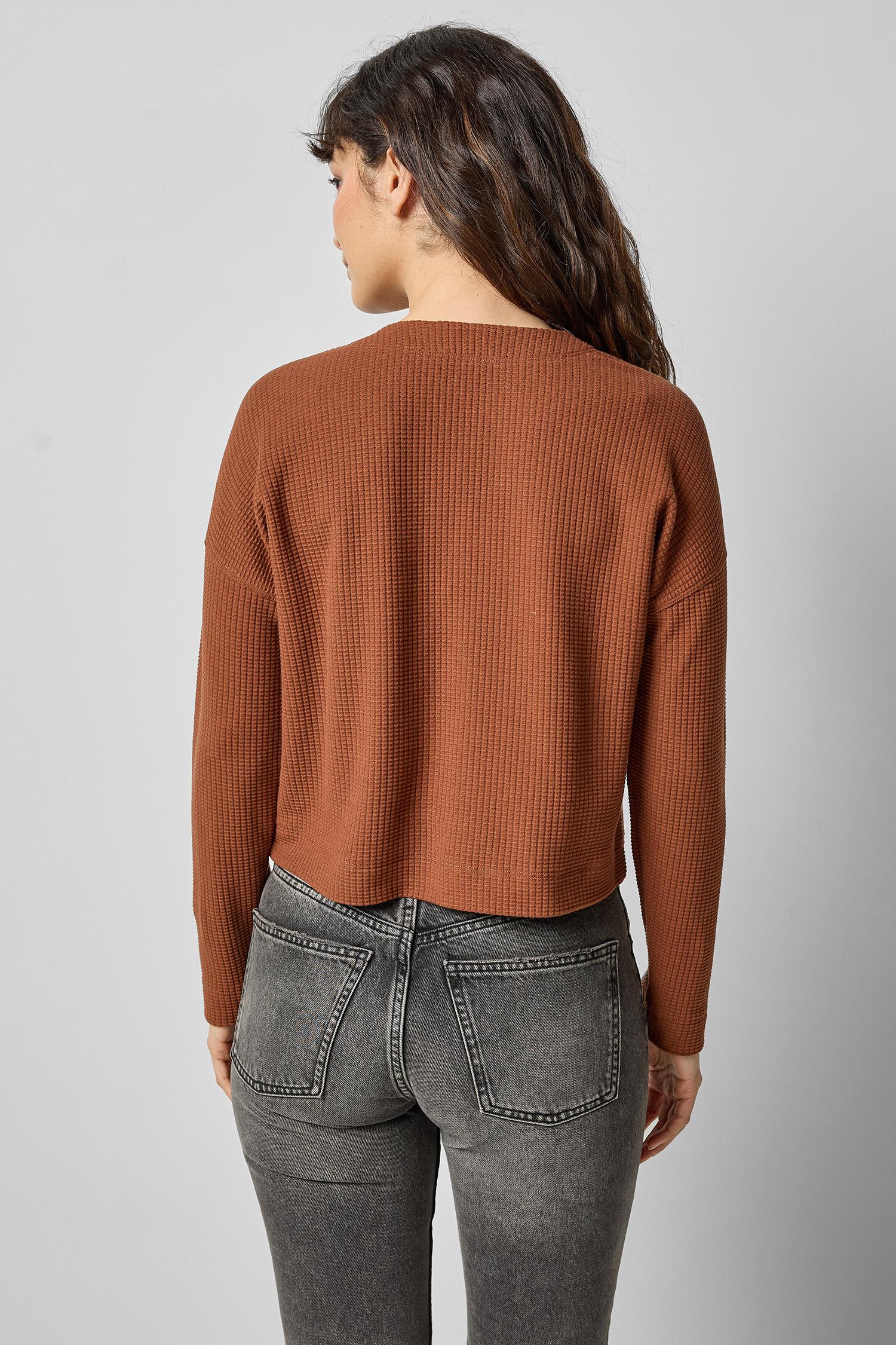Back view of praline cotton waffle knit long sleeve cropped cardigan by Lilla P.