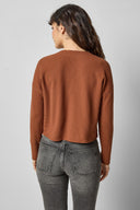 Back view of praline cotton waffle knit long sleeve cropped cardigan by Lilla P.