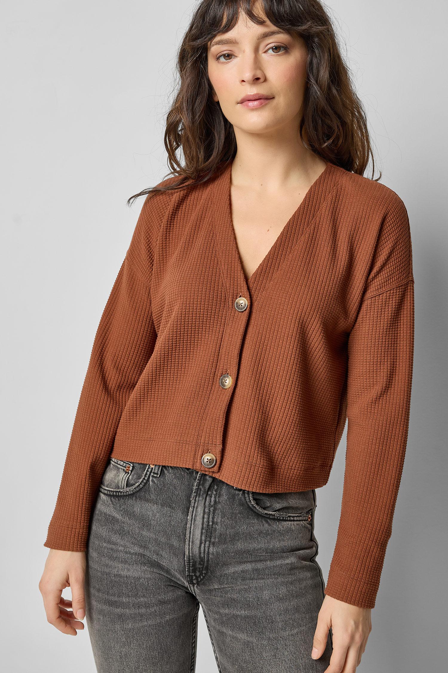 Front view of praline cotton waffle knit long sleeve cropped cardigan by Lilla P.

