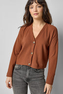 Front view of praline cotton waffle knit long sleeve cropped cardigan by Lilla P.

