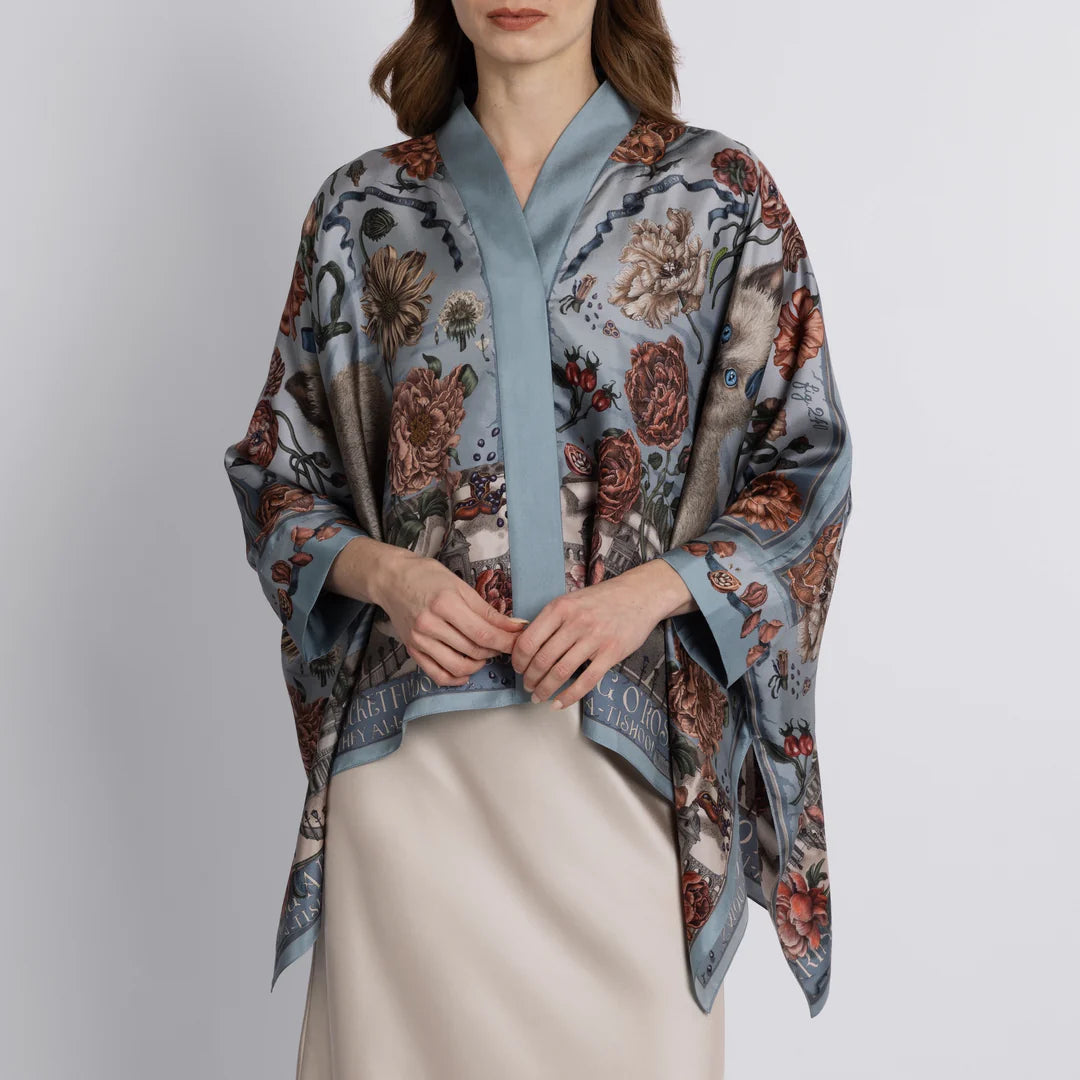 Front view of luxury silk scarf blouse featuring hand-drawn kitten and floral illustrations by Sabina Savage