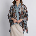 Front view of luxury silk scarf blouse featuring hand-drawn kitten and floral illustrations by Sabina Savage