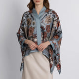 Front view of luxury silk scarf blouse featuring hand-drawn kitten and floral illustrations by Sabina Savage