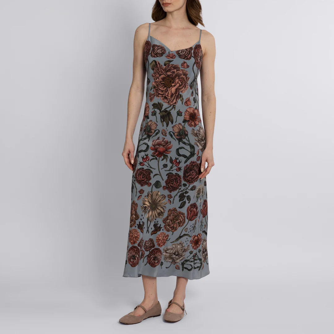 Front view of bias-cut silk slip dress with botanical English garden print and cowl neck