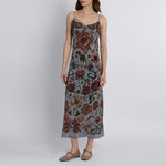 Front view of bias-cut silk slip dress with botanical English garden print and cowl neck