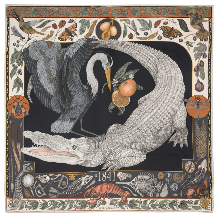 Sabina Savage Alligator’s Empire silk twill scarf in Midnight/Steel with wildlife artwork – flat lay