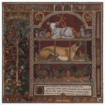 Close-up of Sabina Savage The Faithful Lamb silk twill scarf – luxury hand-rolled edges and intricate medieval design