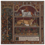 Close-up of Sabina Savage The Faithful Lamb silk twill scarf – luxury hand-rolled edges and intricate medieval design