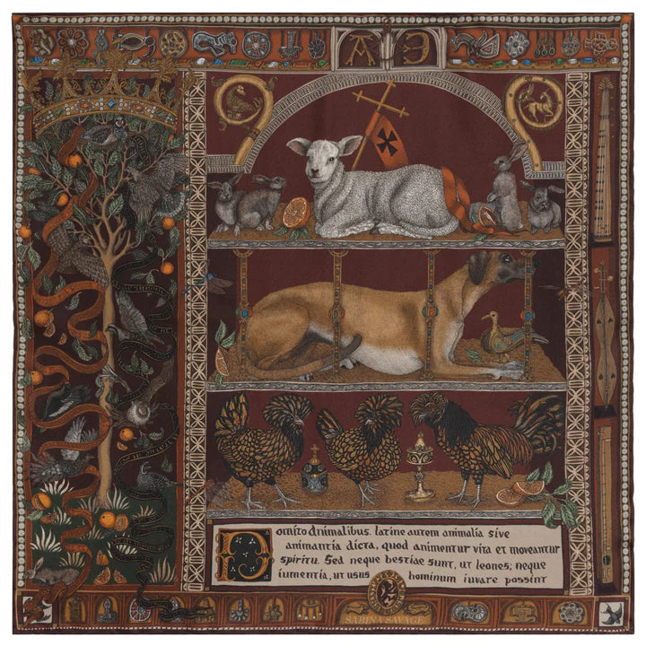 Close-up of Sabina Savage The Faithful Lamb silk twill scarf – luxury hand-rolled edges and intricate medieval design