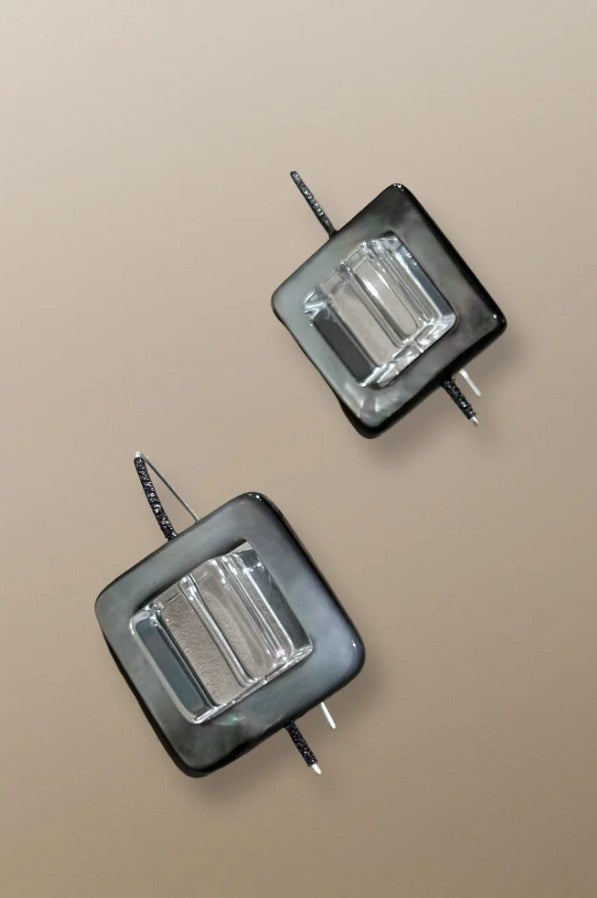 Mother of pearl and quartz drop earrings by Simon Alcantara in argentium silver with geometric design