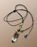 Simon Alcantara Suspended Atmosphere necklace with phantom lodalite, aquamarine and bronze freshwater pearl on black cord