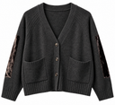 One Aldous chunky cashmere cardigan in peat with chocolate velvet sleeve panels