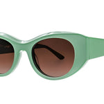 Close-up of Thierry Lasry SPOOKY 2182 Turquoise sunglasses showing beveled acetate cat-eye frame and UV-protective lenses