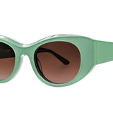 Close-up of Thierry Lasry SPOOKY 2182 Turquoise sunglasses showing beveled acetate cat-eye frame and UV-protective lenses