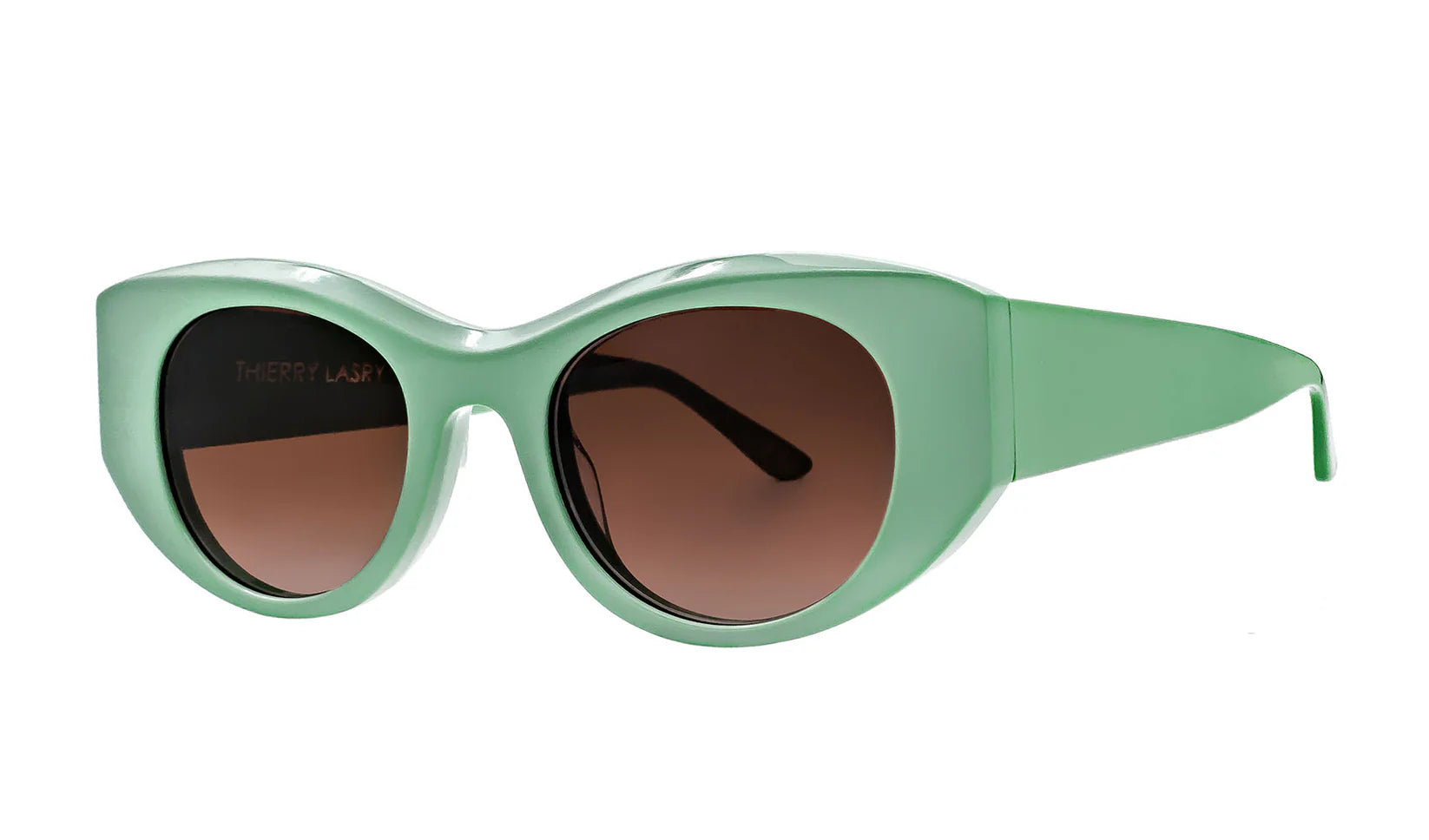 Close-up of Thierry Lasry SPOOKY 2182 Turquoise sunglasses showing beveled acetate cat-eye frame and UV-protective lenses