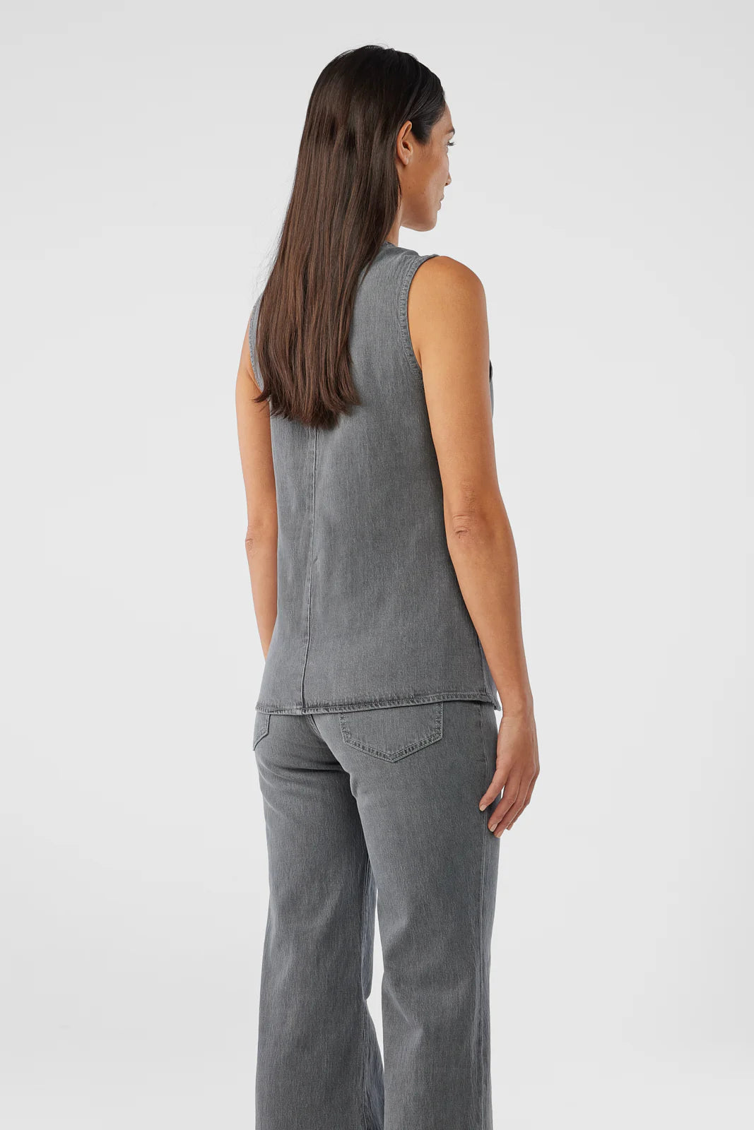 Triarchy Ms Monica tailored denim vest back view – premium sustainable denim