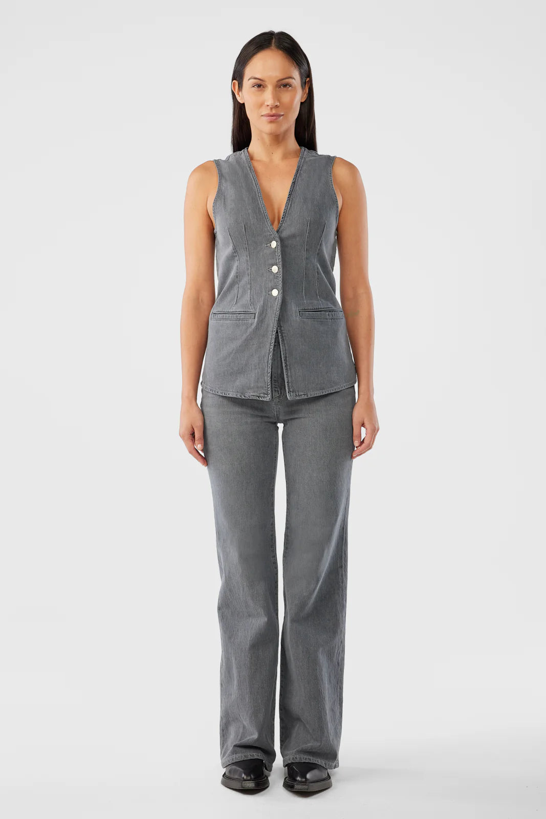 Triarchy Ms Monica tailored denim vest front view – fitted women’s denim layering piece