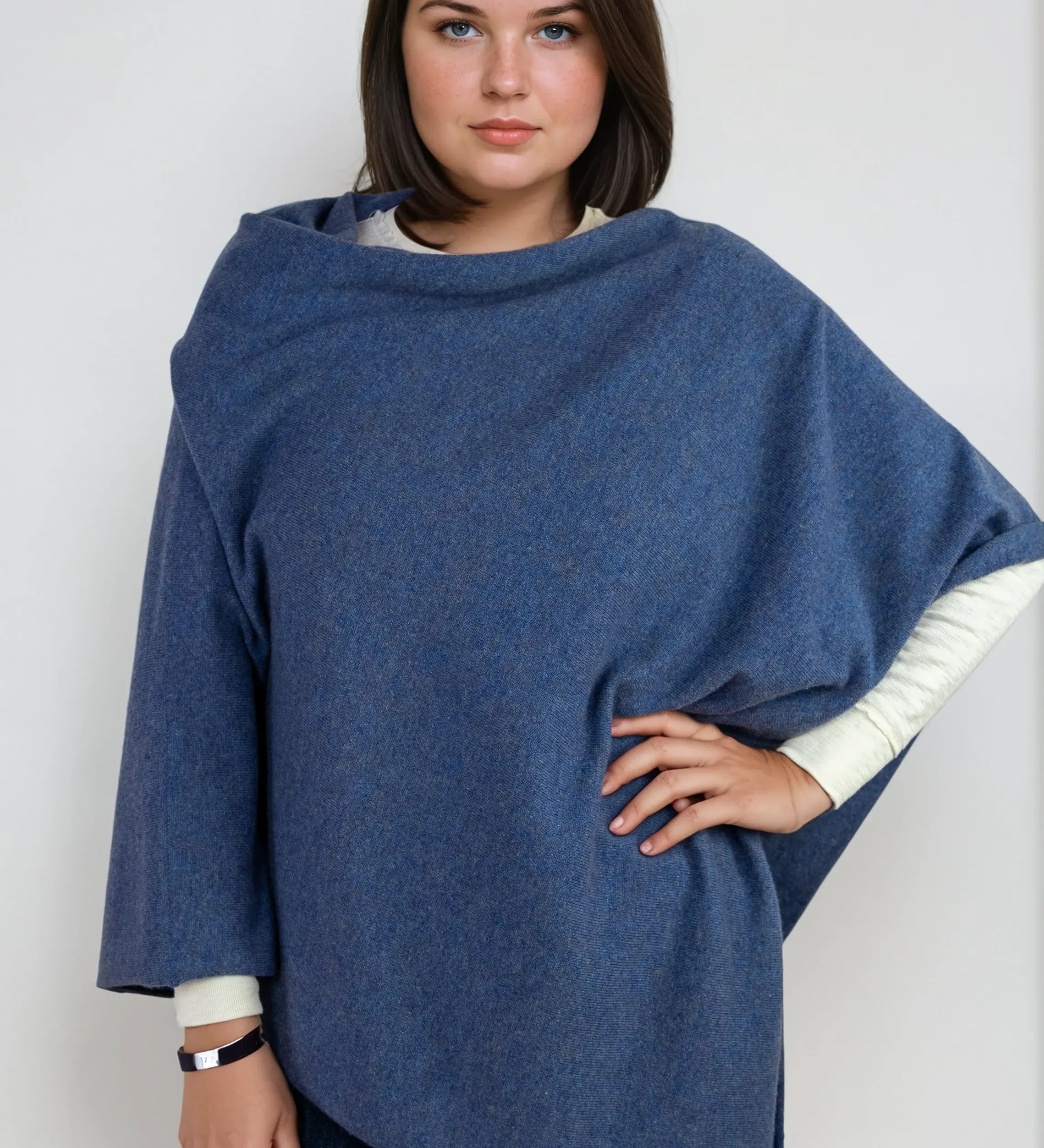 navy blue cashmere Scottish cashmere poncho designed in Telluride and made in the USA. A versatile, elegant winter wrap for all body types.