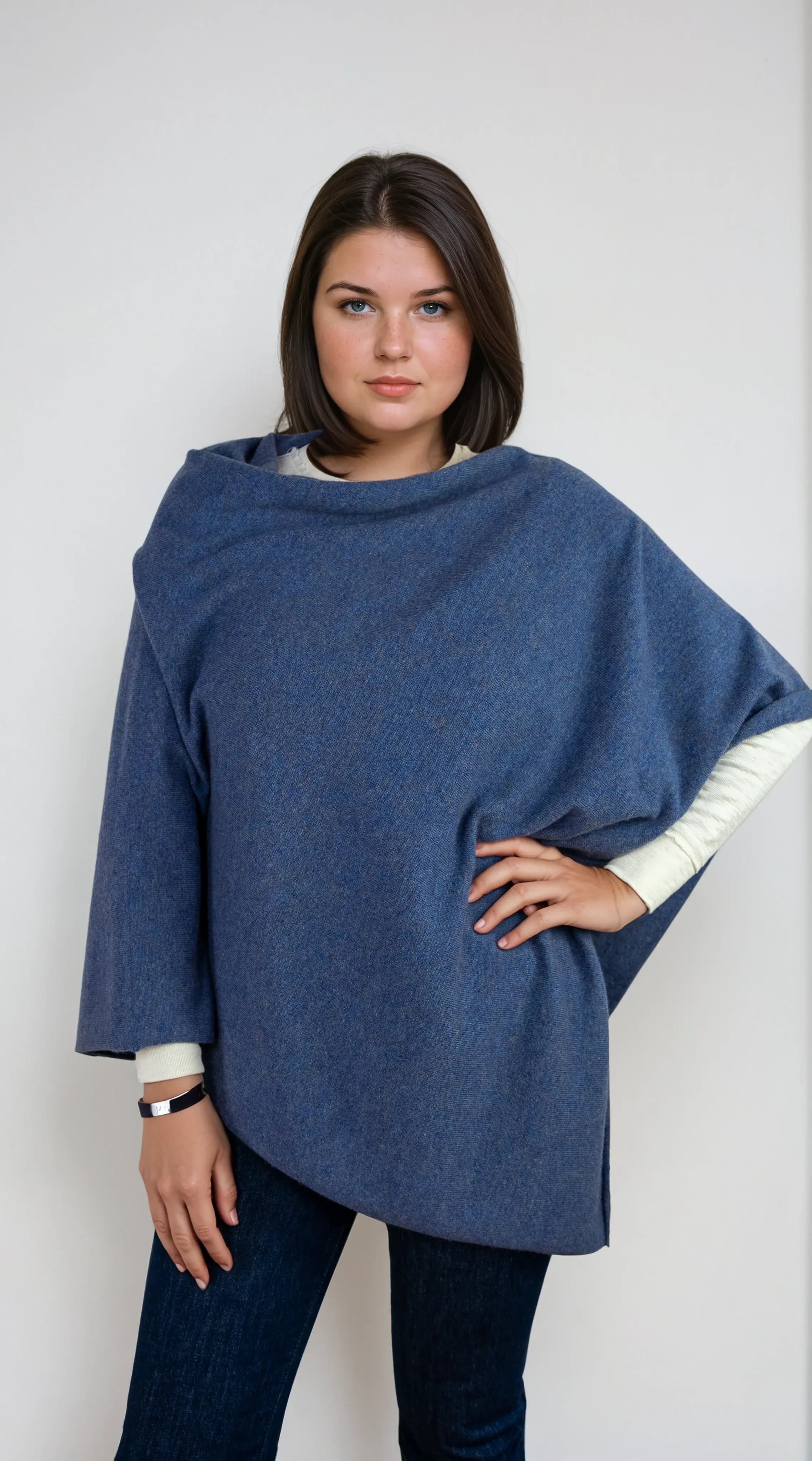 navy blue cashmere Scottish cashmere poncho designed in Telluride and made in the USA. A versatile, elegant winter wrap for all body types.